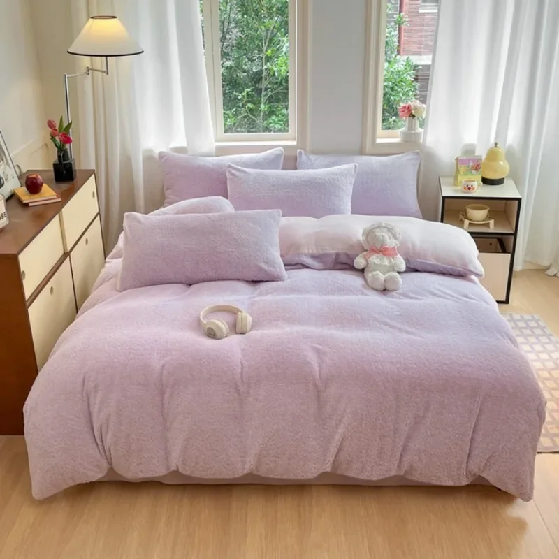 2024 new high-gram winter teddy fleece coral fleece bed four-piece princess style white thickened double-sided fleece bed sheet