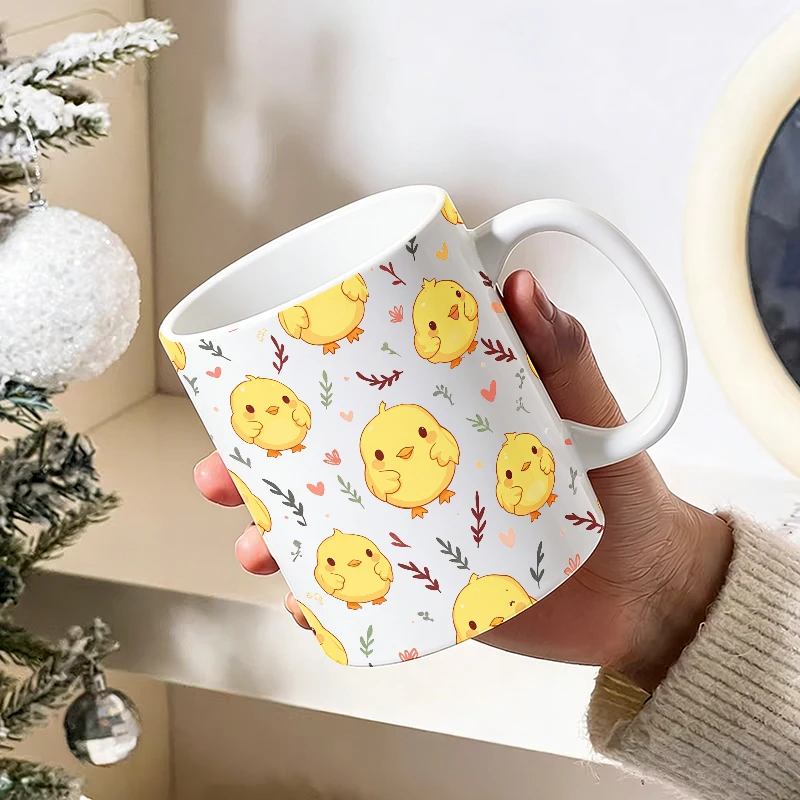 Q-version cute yellow chick all-over print ceramic cup, coffee cup, milk cup, office tea cup, drinking cup, does not fade