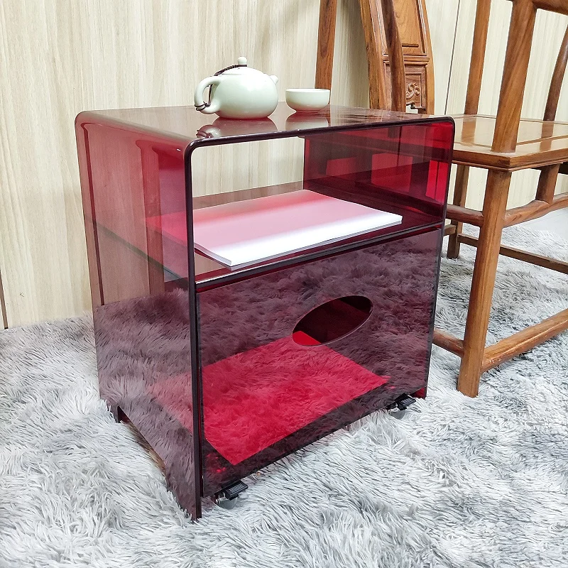 bedroom furniture transparent purple red acrylic storage cabinet bedside table, sofa small side table with wheels