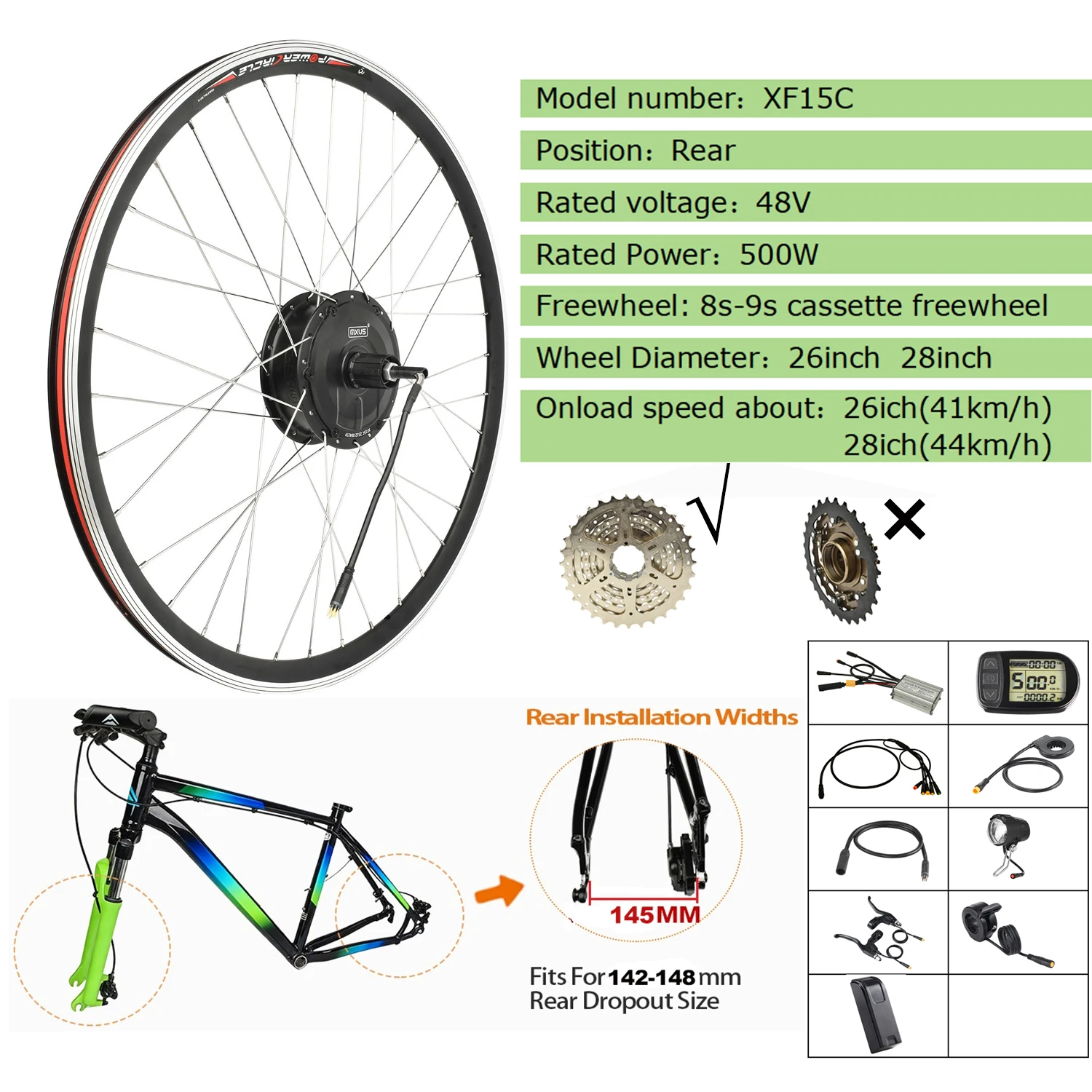 MXUS Elektrische Fiets Conversie Kit Wielnaaf Motor 36V 48V 1000W 500W 250W 26 28 700C Achter Voor Drive Motor eBike Kit XF07 XF08