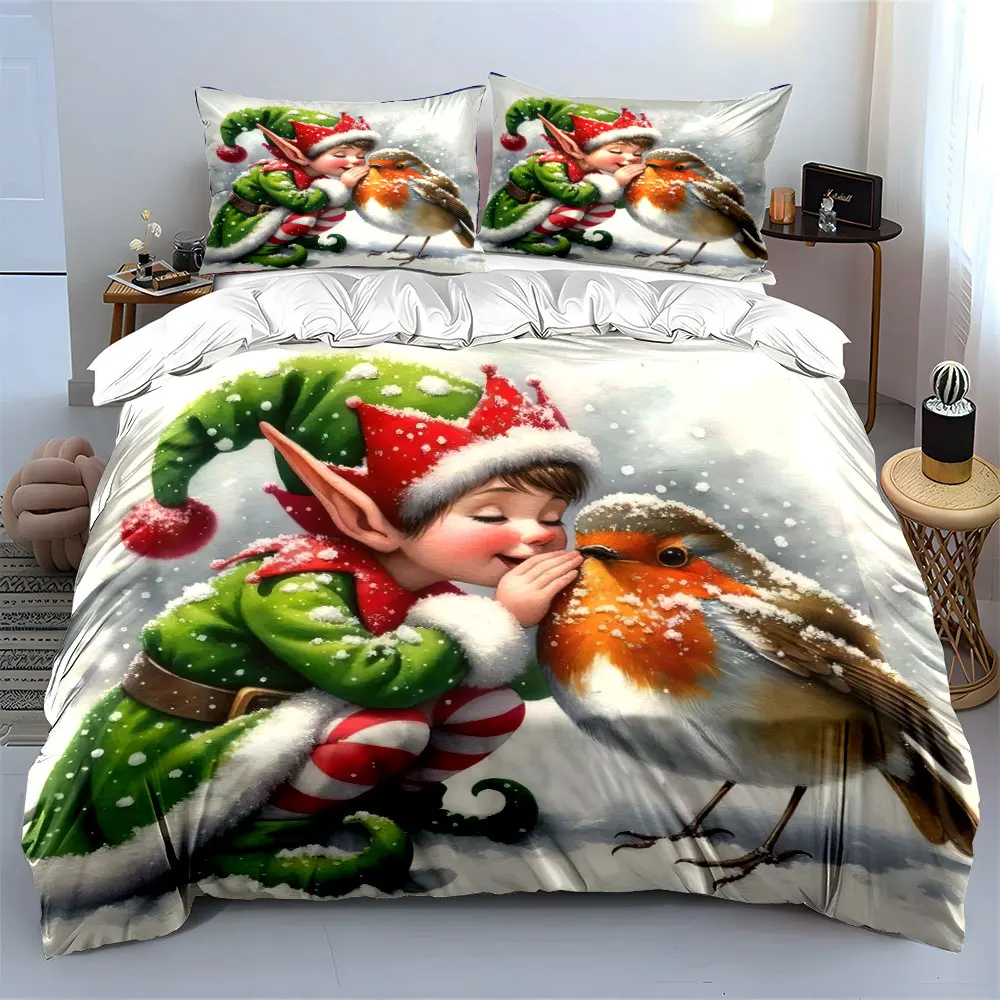 Elf and Robin Whispering in a Snowy Wonderland Print Duvet Cover Bedding Set Included 1*Duvet Cover 2*Pillowcases