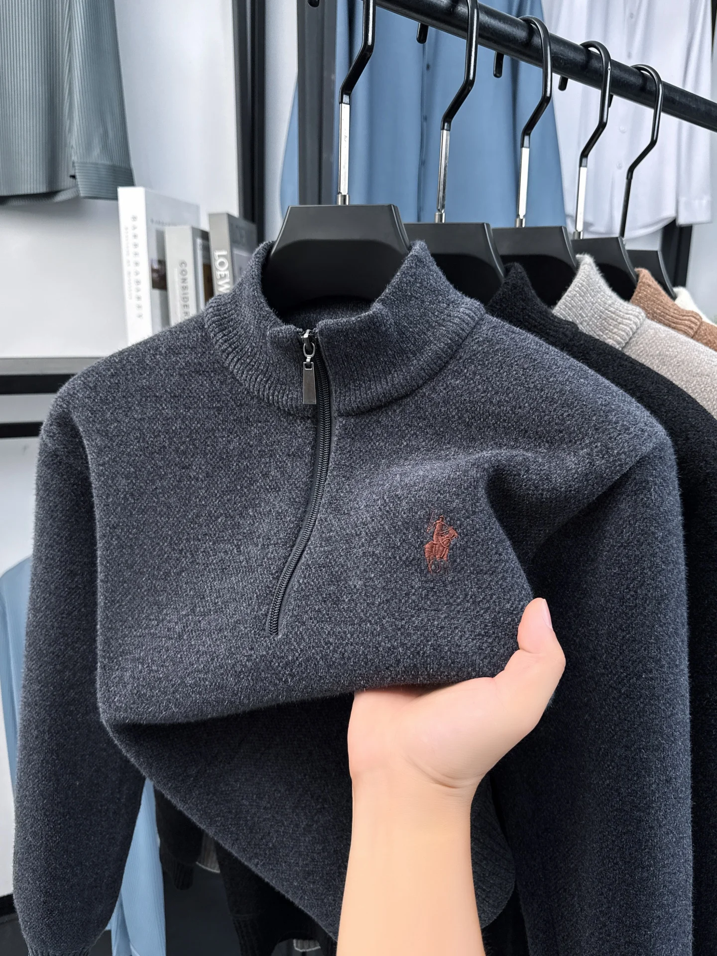 Luxury Brand zipper stand up collar sweater men casual trendy ponytail embroidery design winter new plush warm knit pullover
