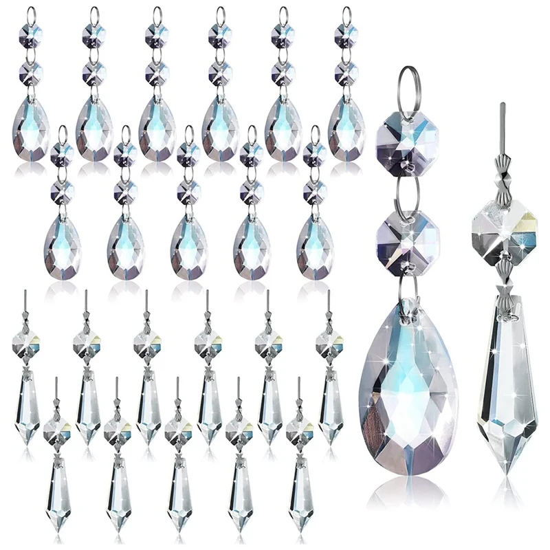 ABHU 24 Pcs Chandelier Crystal Prisms Pendants Set 38 Mm Clear Teardrop Icicle Chandelier Crystals Parts Replacement Crystals