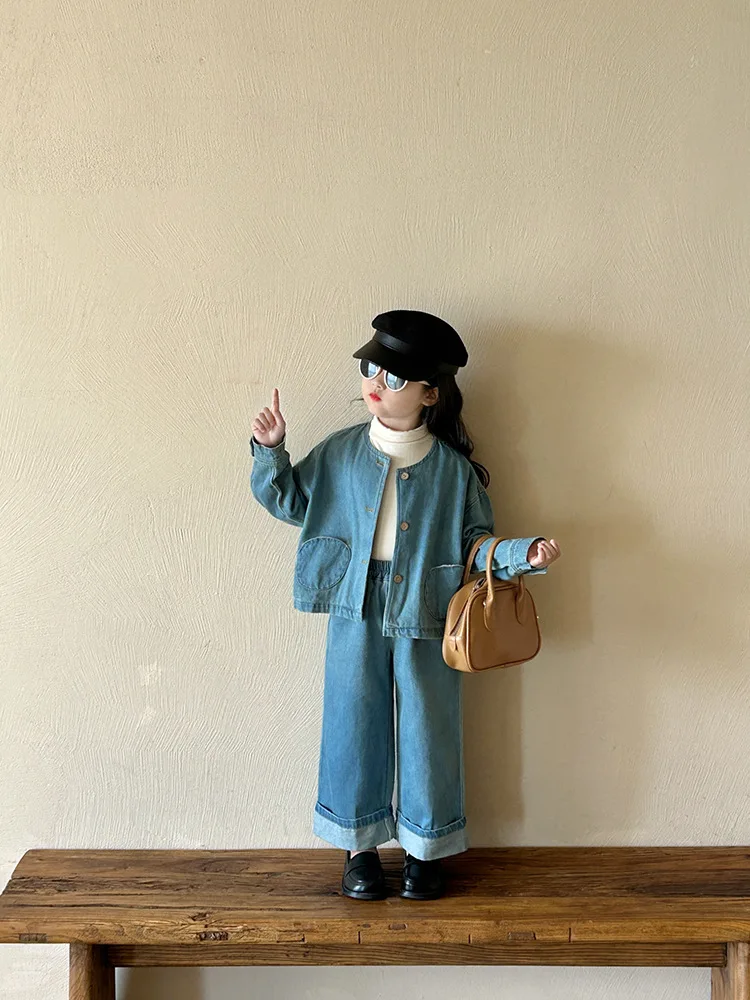 Girls' denim suit2024Autumn New Children2-7Denim-Year-Old Coat Straight-Leg Pants Two-Piece Suit Western Style