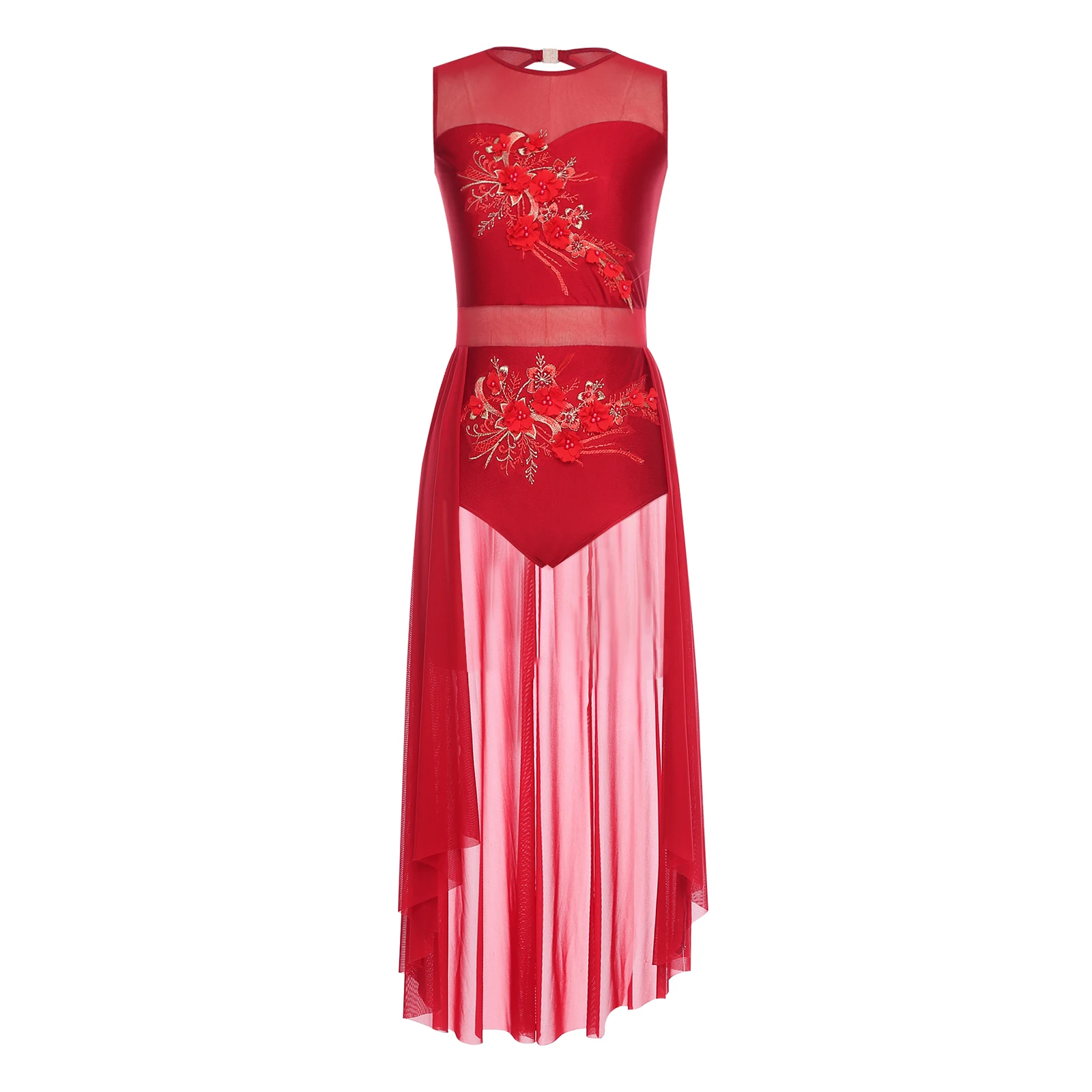 

Women Modern Lyrical Dance Dress Sleeveless Three-Dimensional Applique Flower Embroidery Cutout Back Mesh Overlay Flowing Dress