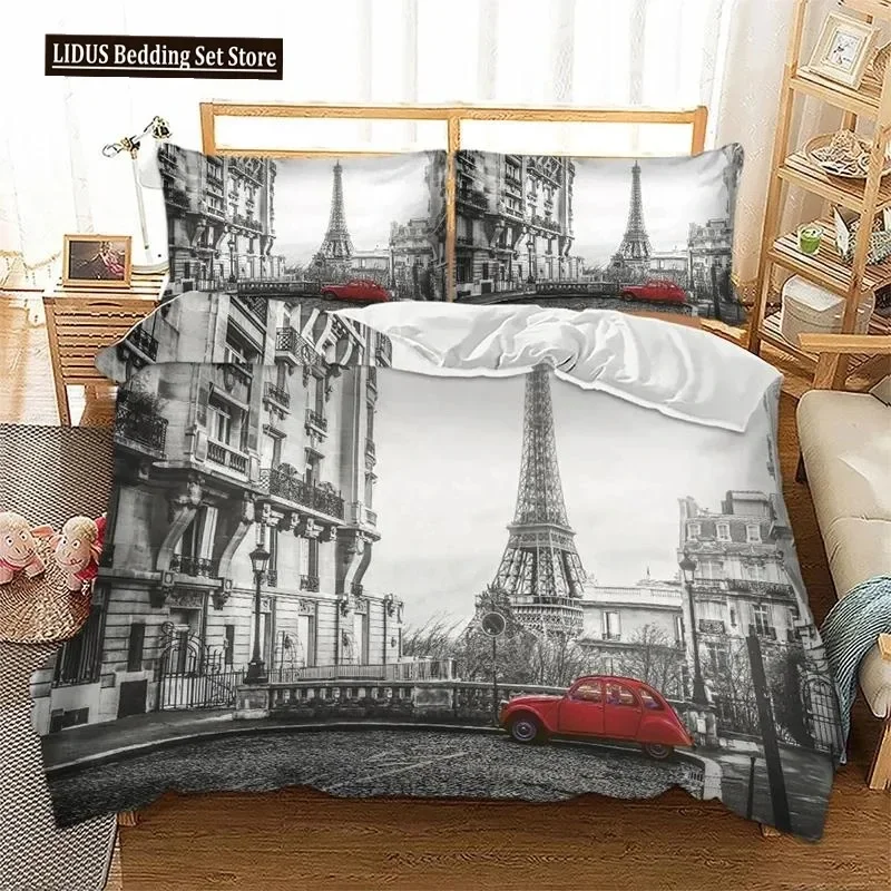 

Novelty Gift Paris Tower Red Car Print Polyester Bedding Set Romantic London City Quilt Duvet Cover+Pillowcase 2-3pcs
