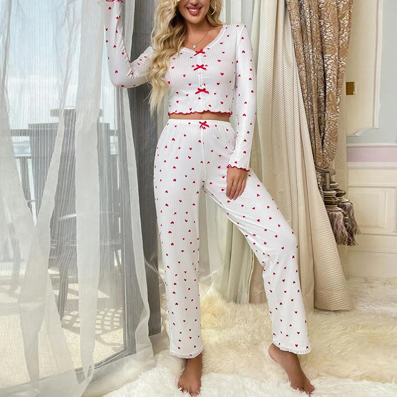 Autumn Women\'s Pullover Pajama Set Sexy Lace V-neck Bow Sleepwear Heart Print Long Sleeves &Trousers Nightwear Loungewear Outfit