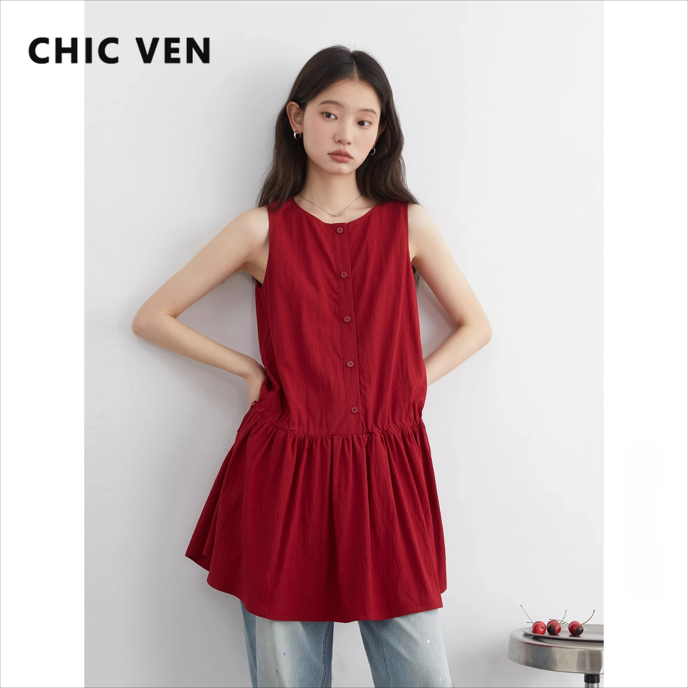 

Женские платья CHIC VEN, свободное повседневное однотонное клетчатое платье с круглым вырезом и завязками, женское платье-жилет без рукавов, лето 2023