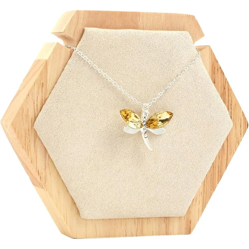 1PC Hexagon Wooden Single Necklace Displays Stands Tabletop Pendant Necklace Display Holder with Cornsilk Velvet and Iron Hooks
