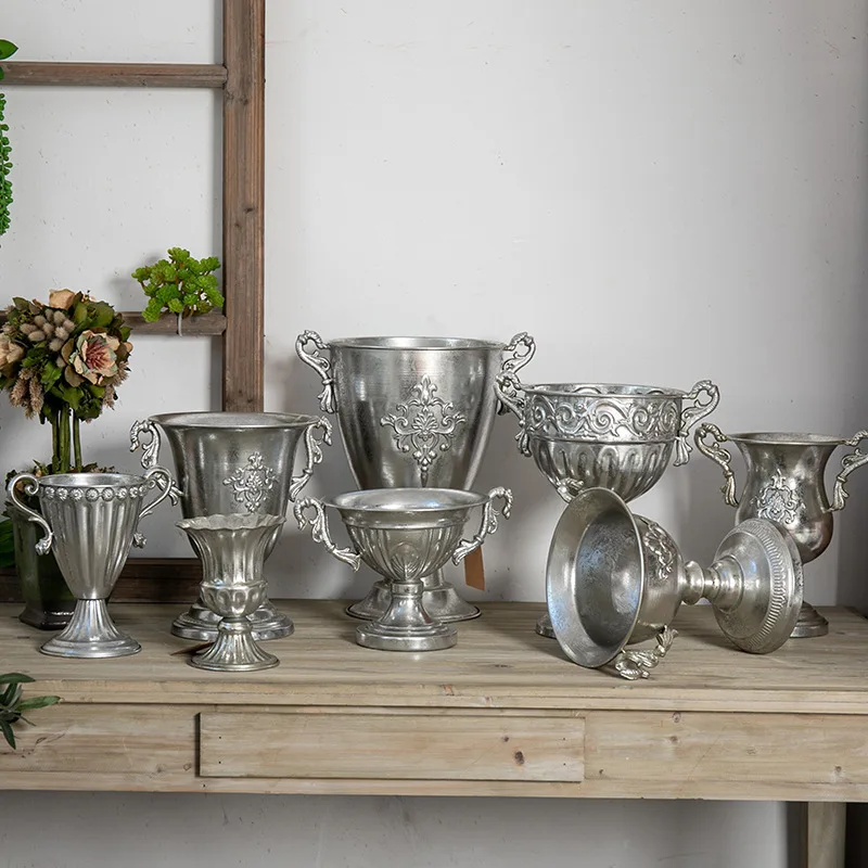 Silver Vintage Iron Flower Pot European Style Advanced Dry Flower Arrangement Device Wedding Home Vase Decoration Ornamentsents