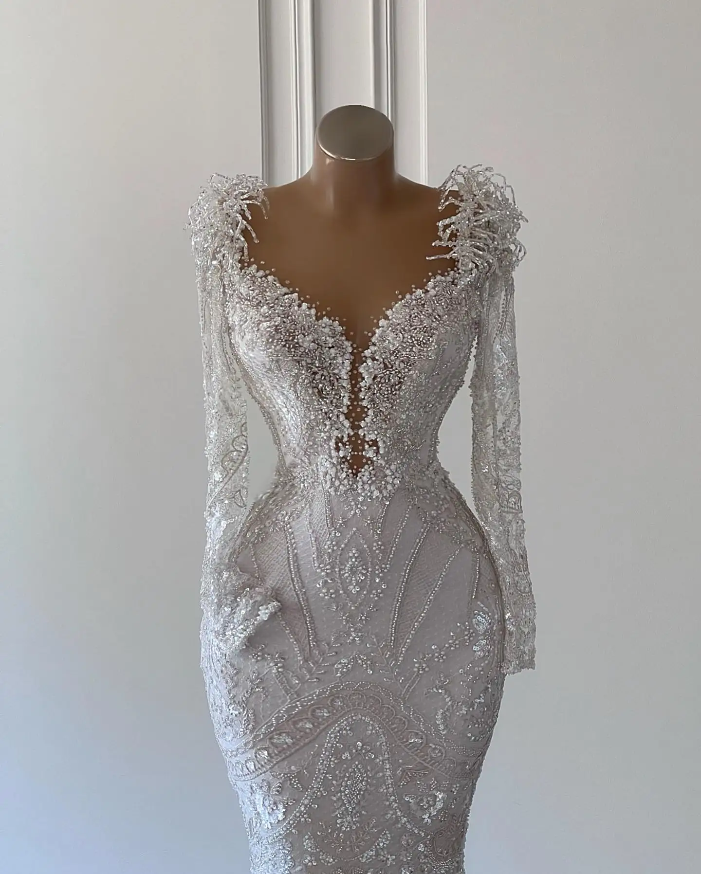 Vestido De Novia De lujo con cuello en V, largo hasta el suelo, sirena, Formal, con cuentas, apliques De lentejuelas, Vestidos De Novia De manga larga