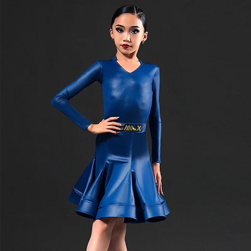 Professional Latin Dance Competition Dress Blue V-Neck Long Sleeve Rumba ChaCha Dancing Clothes Children Practice Wear YS5380