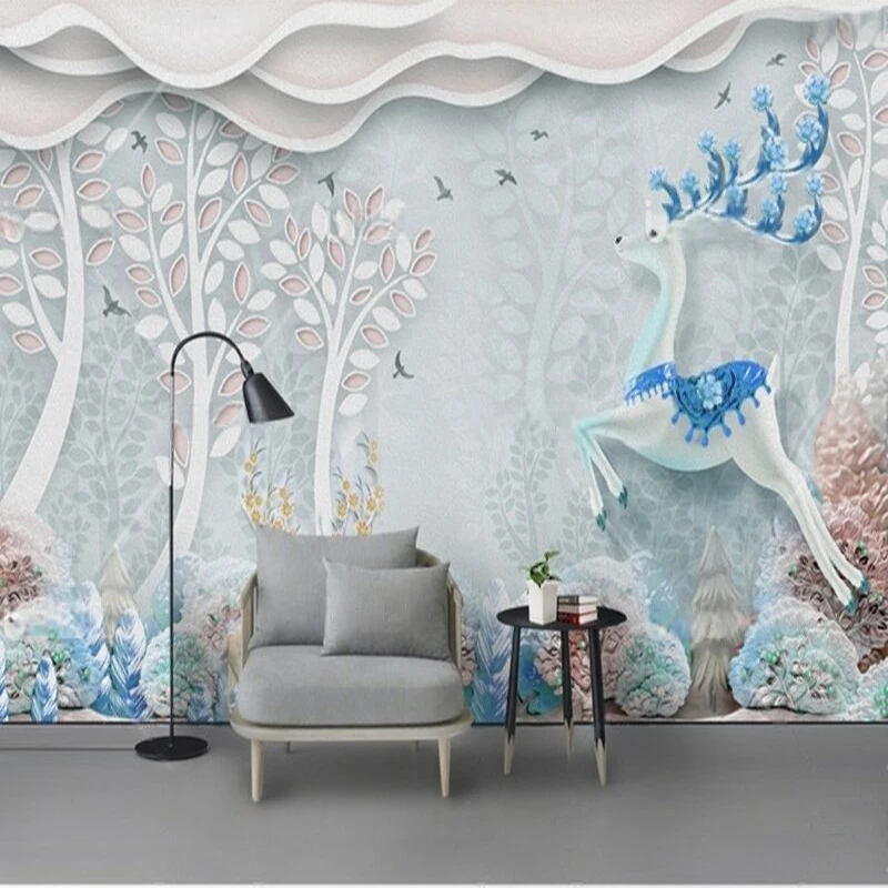 

MU8986 Modern 3D Nordic relief forest, birds, elk and deer TV background wall painting