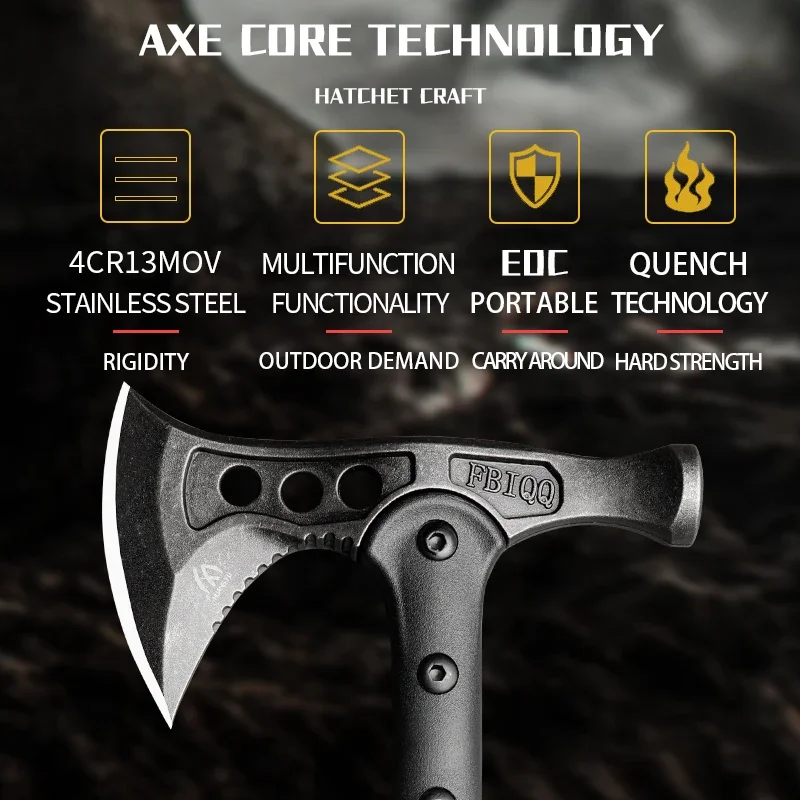 HUANGFU4cr13 Steel Multi functional Battle Axe - Portable Survival Axe for Outdoor Camping, Hunting, and Emergency Situations