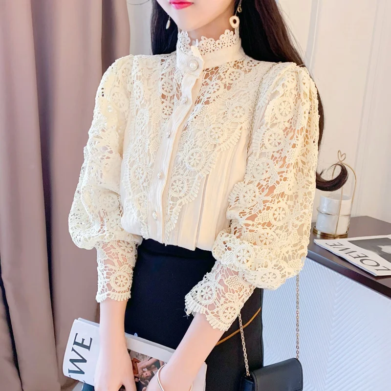 Office Lady Elegant Hollow Out Lace Shirt Women Fashion Long Sleeve Stand Collar Blouses Casual Solid Color Tops