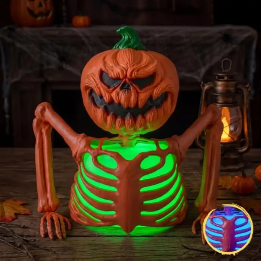 Halloween Lighted Pumpkin Skeleton Tabletop Decorations Multicolor LED Pumpkin Skeleton Indoor Outdoor Groundbreaker Desk Decor for Party Table Supplies (10x8.6inch)