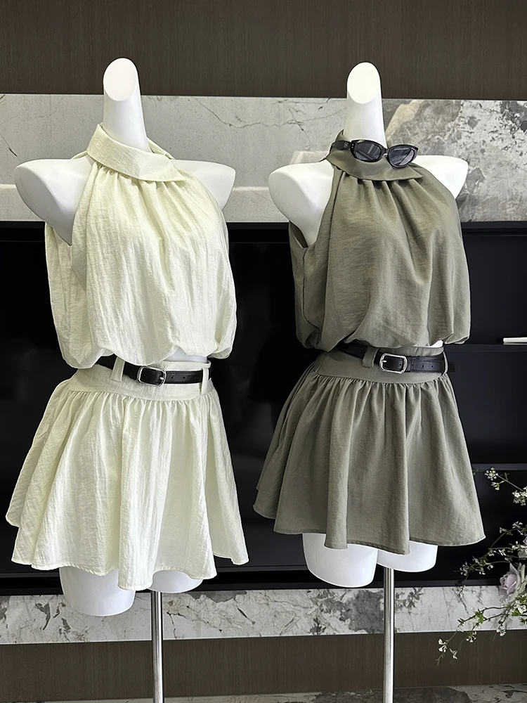 Summer Women Old Money Mori Girl Vintage French Vacation Simple Office Lady Outfits 2 Piece Set Tank Top + Mini Skirt With Belt