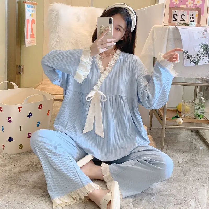 Sleepwear Women Lace Big Size Pajamas Sets Kawaii Clothes Long Sleeve Pajamas Spring Autumn Loungewear Set Korean Loose Pullover