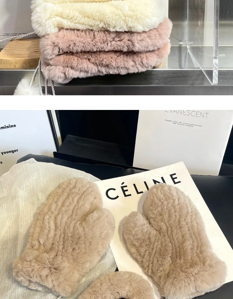 Women's Winter Warm Real Rex Rabbit Fur Gloves Good Elastic Ladies Fur Mittens Girls Outdoor Warm Natural Rex Rabbit Fur Mittens