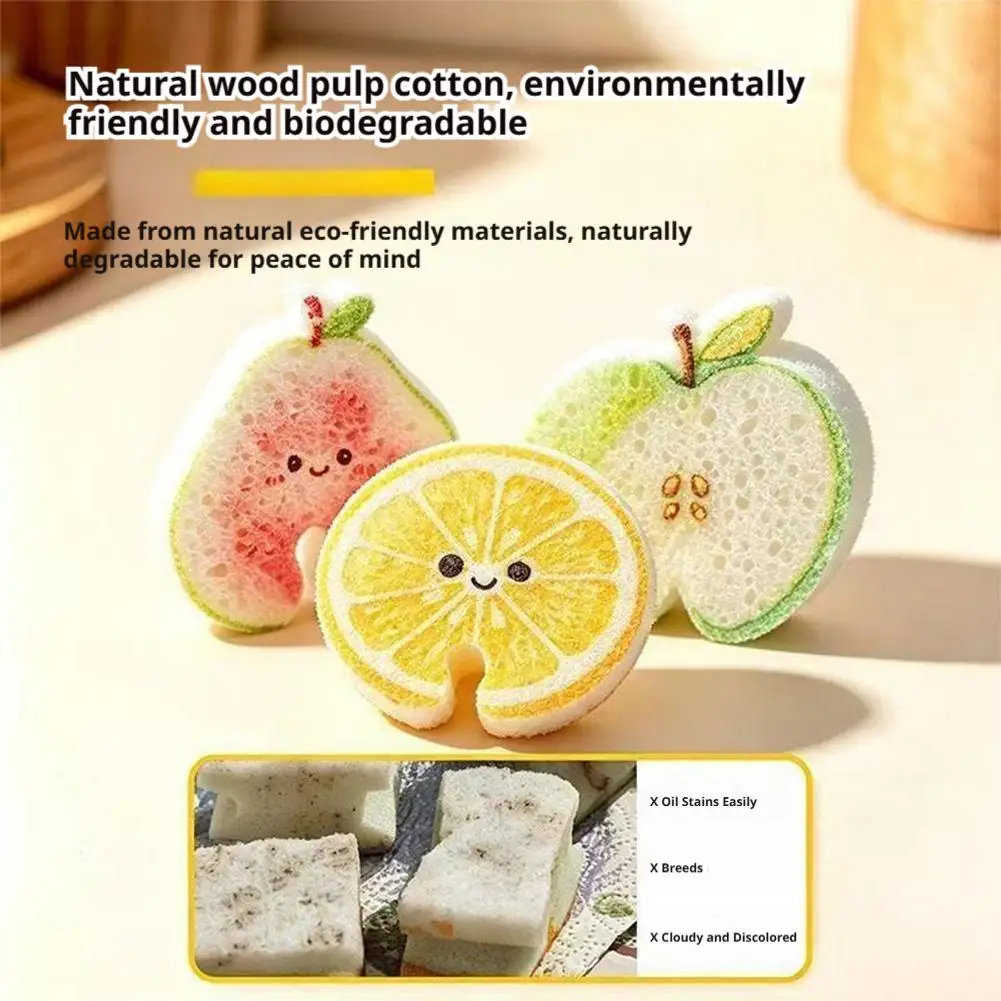 Natural Wood Pulp Sponge with Faucet Hole Fruit Pattern Dish Scrub Pad Fast Drying Non Scratch Cleaning Sponge for Kitchen Sink