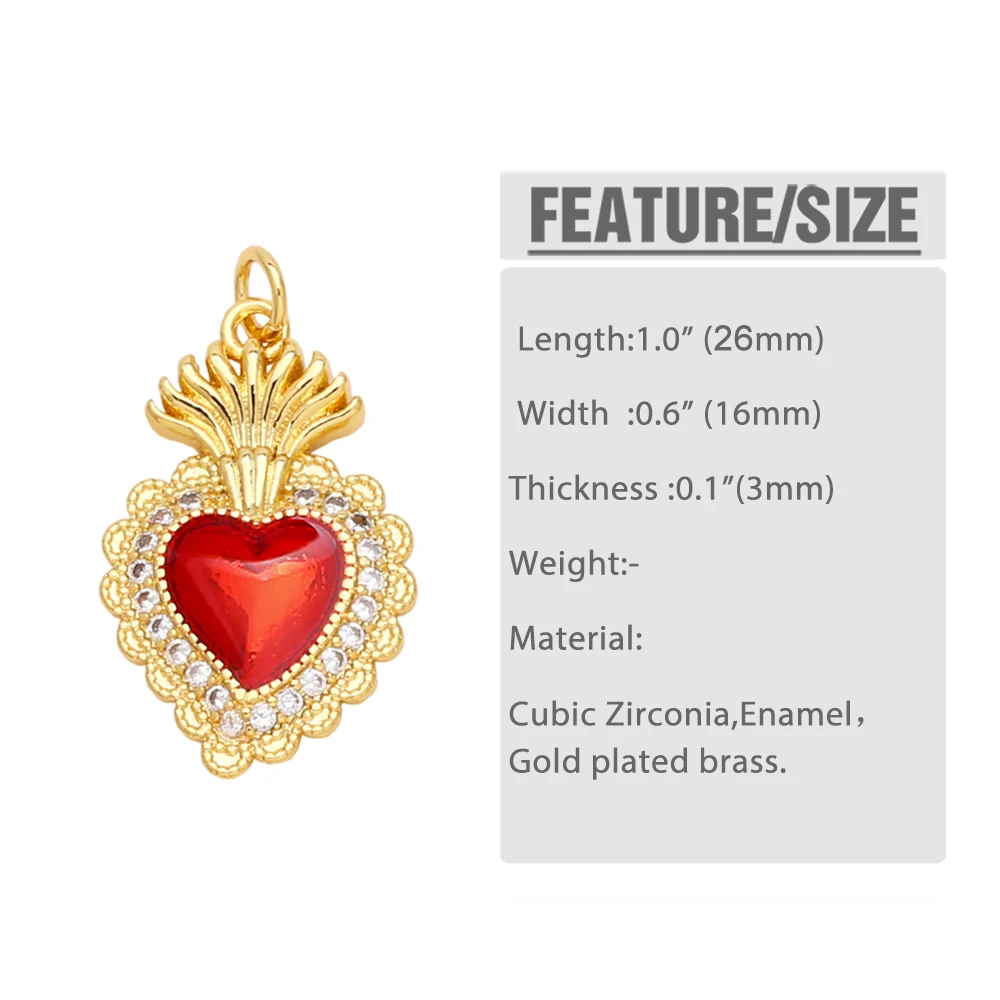 OCESRIO Fashion Red Enamel Crystal Heart Pendant for Necklaces Copper Gold Plated Cubic Zircon Jewelry Making Component pdtb487