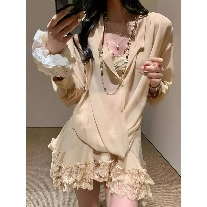 Wear A High-end 2026 New Women's Clothing Apricot Lace Shirt Two-piece Suit Skirt