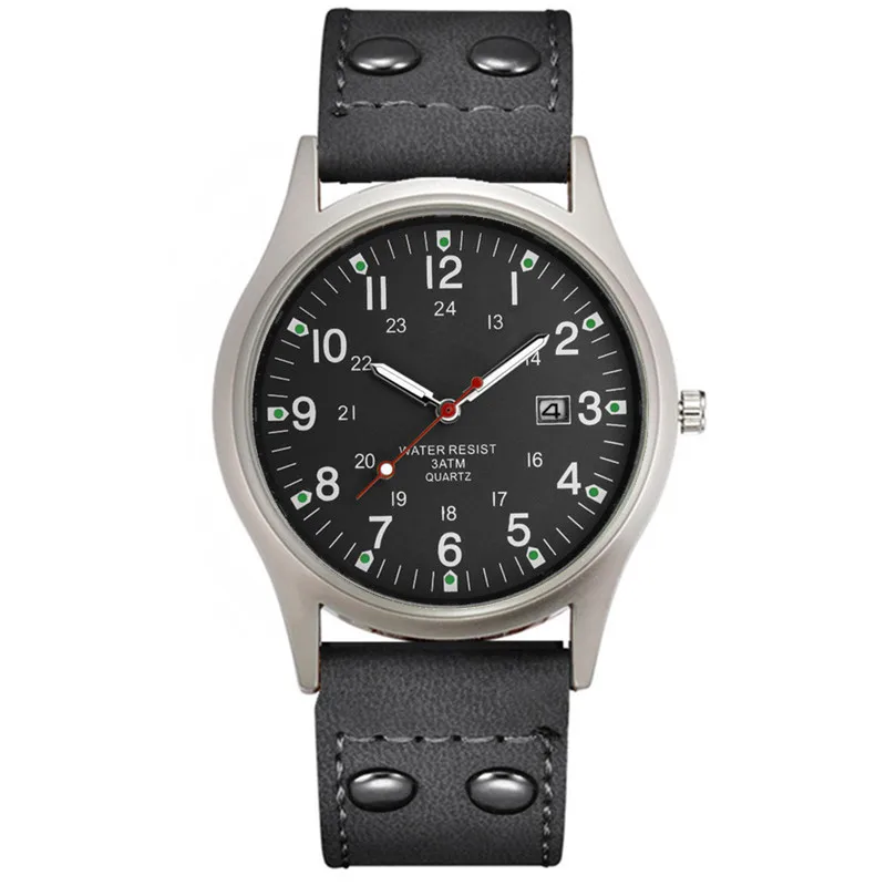 Relojes baratos de marca para hombres, reloj de pulsera de cuarzo con fecha militar deportivo con correa de cuero informal a la moda para estudiantes, reloj Masculino negro