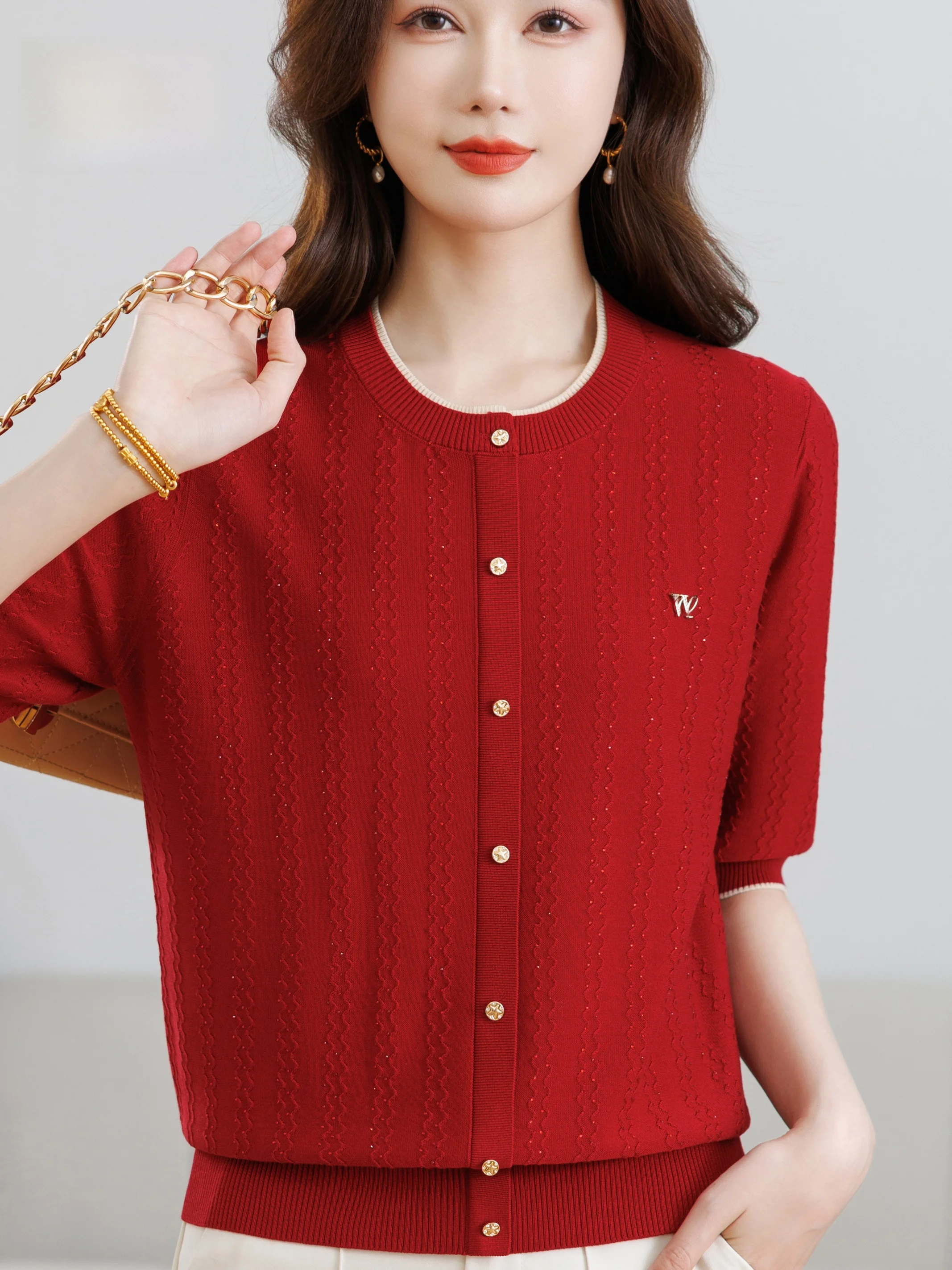 

Весенне-летний красный трикотажный топ с круглым вырезом и рукавом до локтя для женщин среднего и старшего возраста, из лиоцелла, свободного кроя, стройнящий, надеваемый через голову