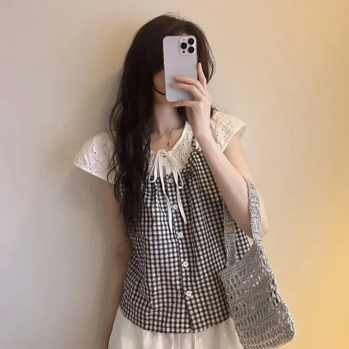 

Sweet Sle корейская версия irt ort Sve клетчатый цвет Blo кукольный топ женский летний модный тонкий верх тела обычной длины