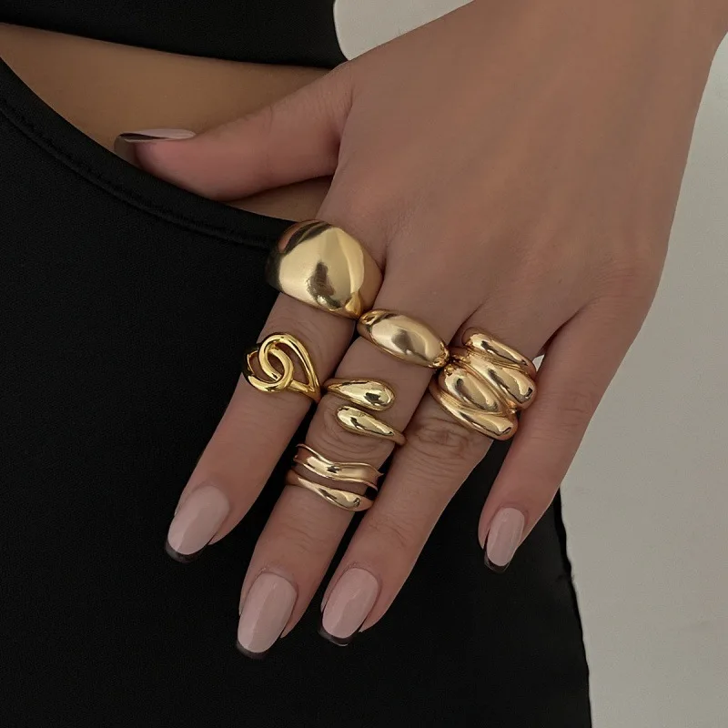 European and American vintage silver irregular ring set, fluid sculptural geometric wide ring, exaggerated twisted open ring, unique stackable women's punk Y2K fashion accessory