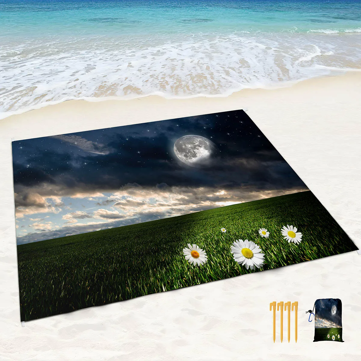 Moon Print Beach Blanket Sandproof Soft Beach Mat Waterproof Quick Drying Mat Made with 4 Stakes & 4 Corner Pockets for Camping