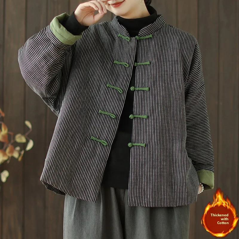

High-End Anti-Aging Versatile Linen New Chinese Style Button Striped Loose Cotton Women's Specialty Cotton Linen Women's Cott...
