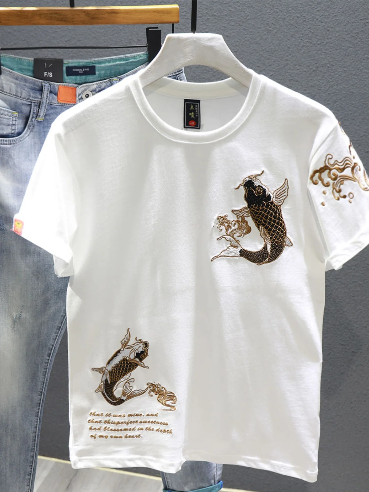 

Heavy Embroidery ort Sve Men's T-irt Summer Faion Couple's Chinese Sle round Ne Casual Loose Fit Top