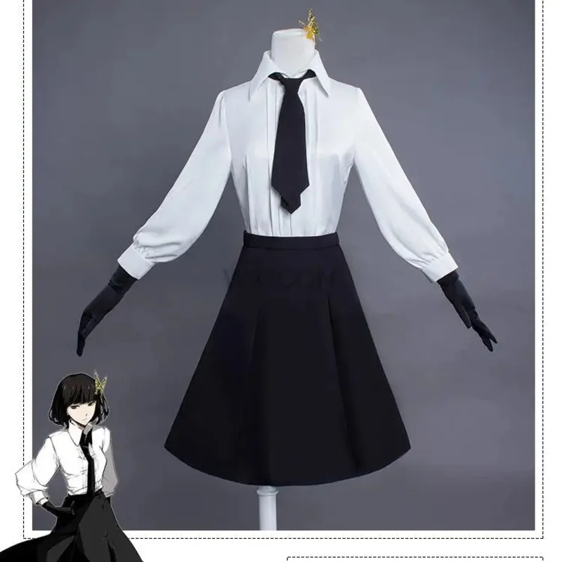 Anime Bungo Stray Dogs Detective Agency Member Akiko Yosano Cosplay Costumes Shirt Skirt Tie Gloves School Uniform Suit and wig image 5