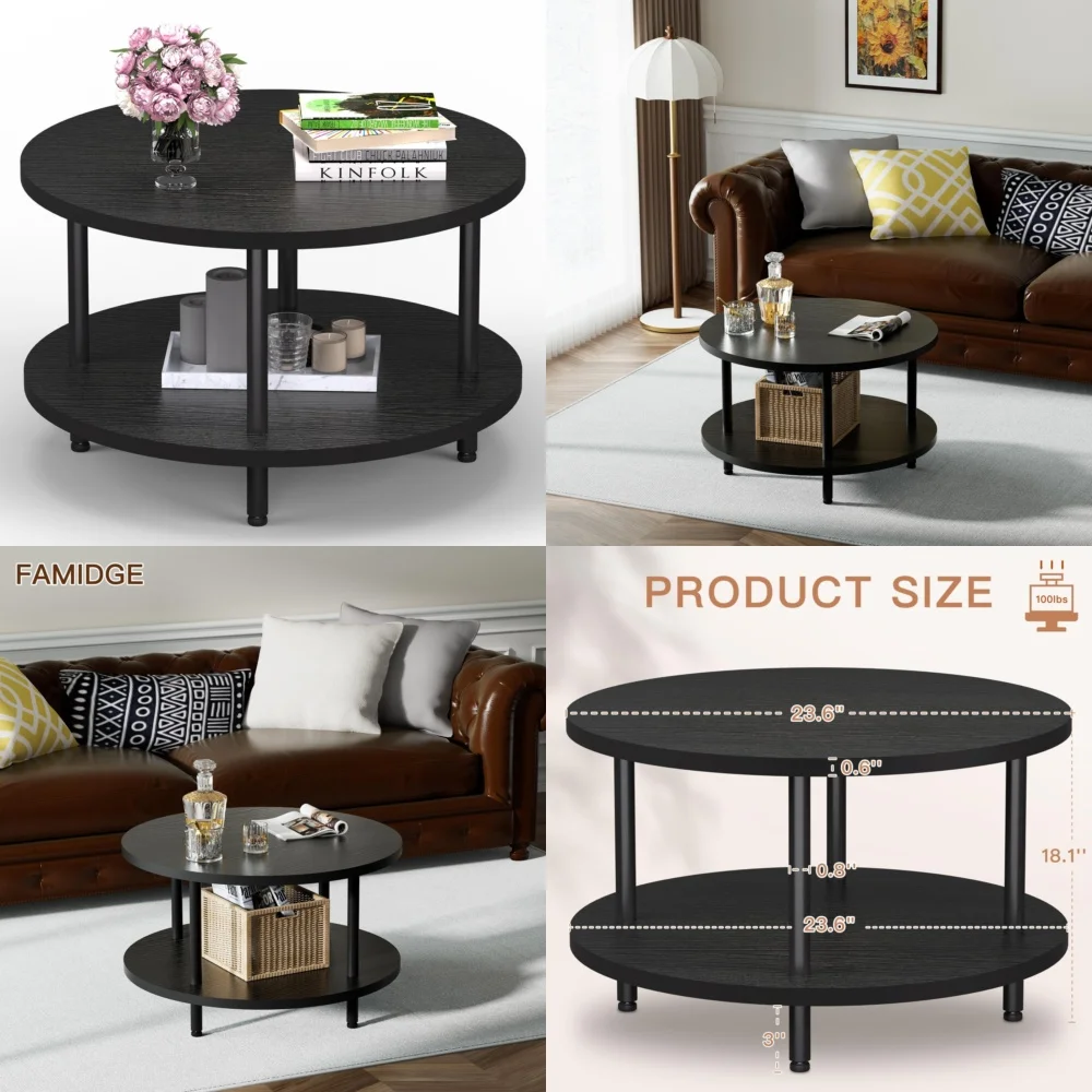 طاولات المقهى طاولة القهوة المستديرة 23.6 بوصة طبقتين طاولة غرفة المعيشة الخشبية تصميم حديث لديكور المنزل #1