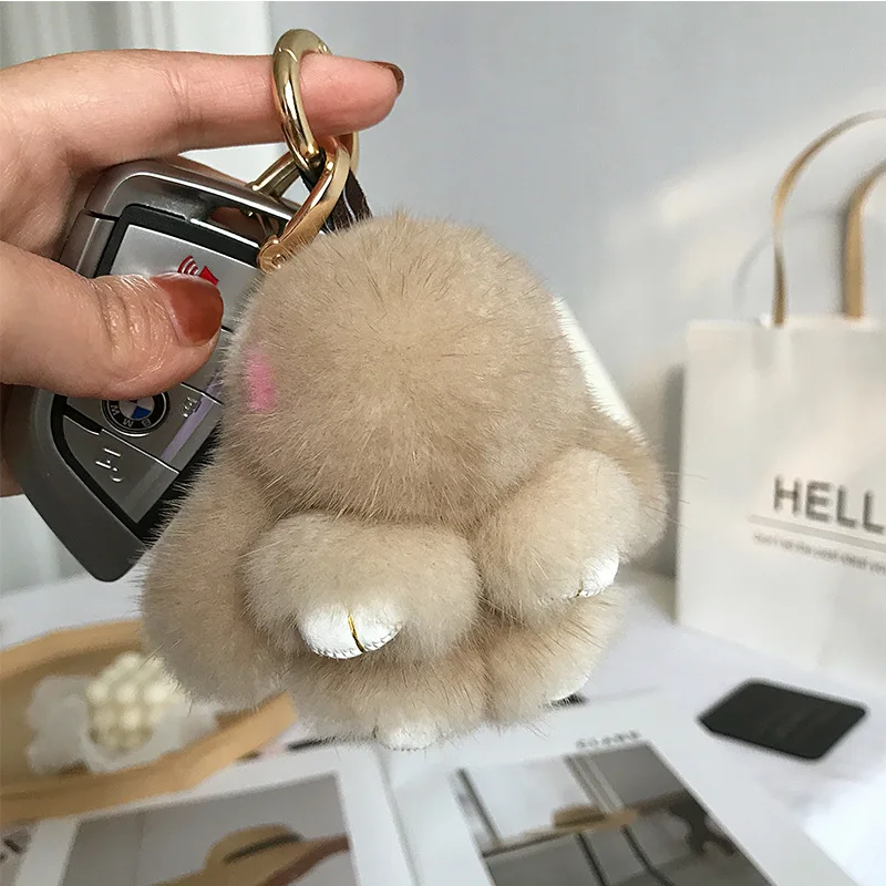 Mini Real Mink Fur Keychain para Meninas, Coelho de pelúcia bonito, Saco Car Key Keyring, Pompon Pendant Acessórios, Venda quente, Novo, 8cm