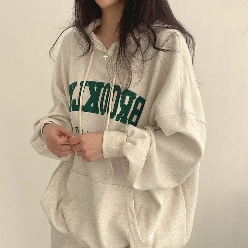 BROOKLYN Letter Print Hoodies Women Retro Chic Long Sleeve Loose Pullovers 2023 Harajuku Casual Hooded Sweatshirt Y2K Streetwear