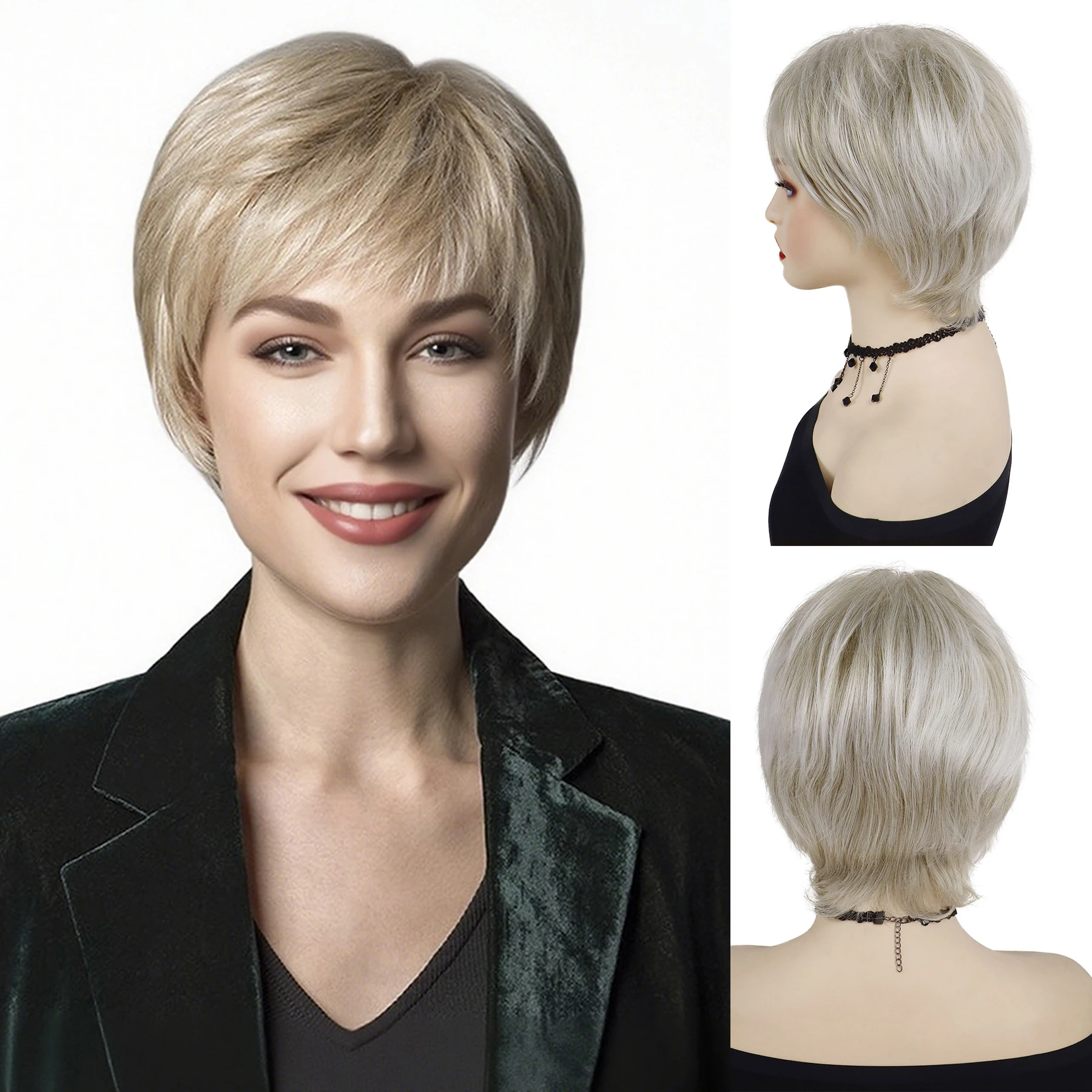 

Short Platinum Blonde Wigs Synthetic Hair Pixie Cut Wig with Bangs for Women Ladies Natural Looking Daily Costume Heat Resistant