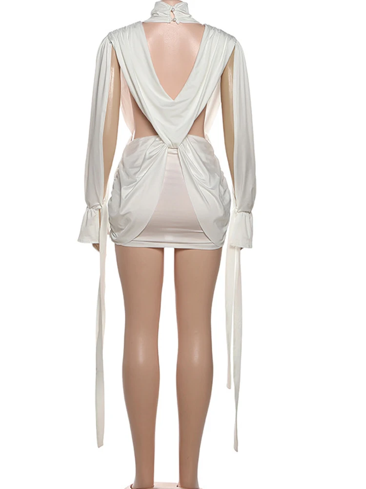 베이프렌 엘레강트 초커 넥 컷아웃 트위스트 프론트 숏 드레스 홀리데이 의상 여성용 홀로우 아웃 러치드 파티 드레스 여성용 베스티도스