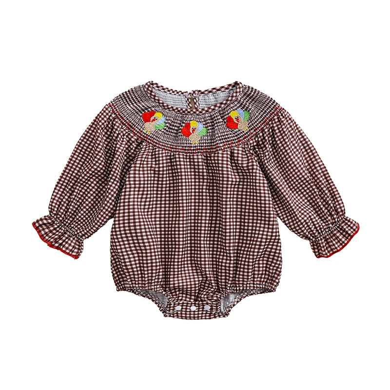 

Baby Girls Thanksgiving Romper Turkey Embroidery Plaid Print Long Sleeve Jumpsuits for Newborn Infant Fashion Clothes