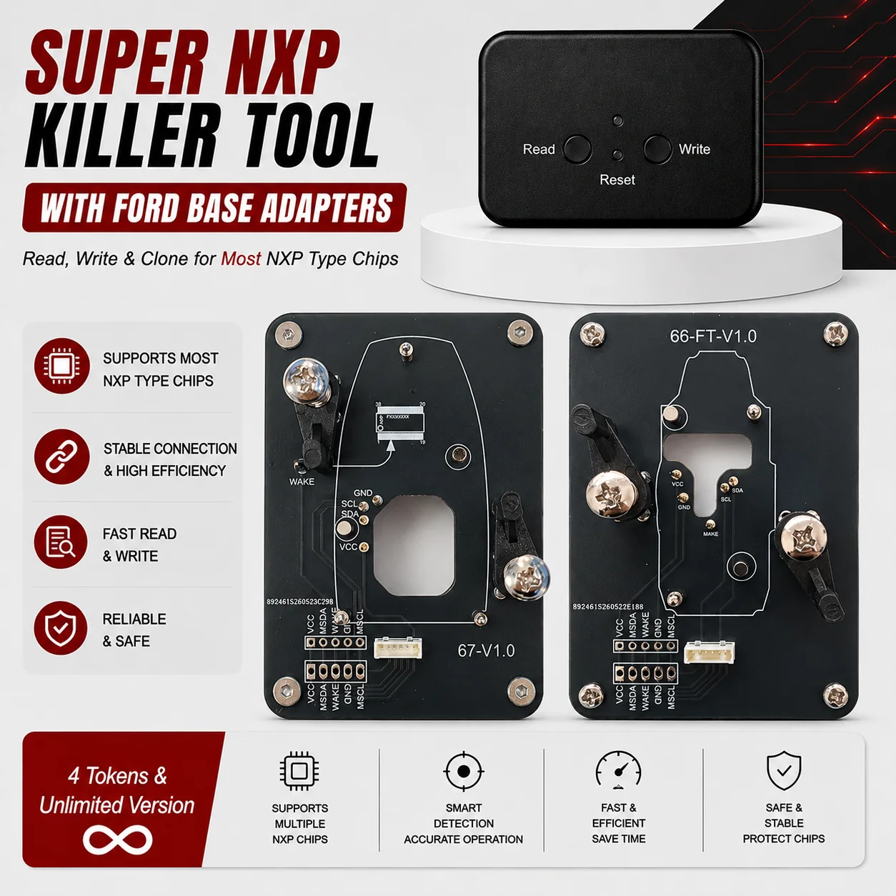 

For Ford Key All NXP Smart Keys Clones 4 Tokens & Unlimited Version Super NXP Killer Read Copy Device With Adapter Base