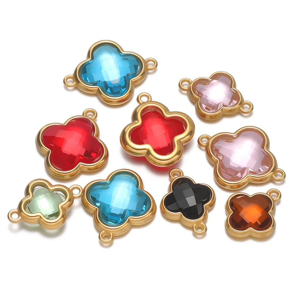 5Pcs Stainless Steel Four Leaf Clover Charms Faceted Glass Pendants Connectors for DIY Jewelry Making Bracelet Necklace Supplies