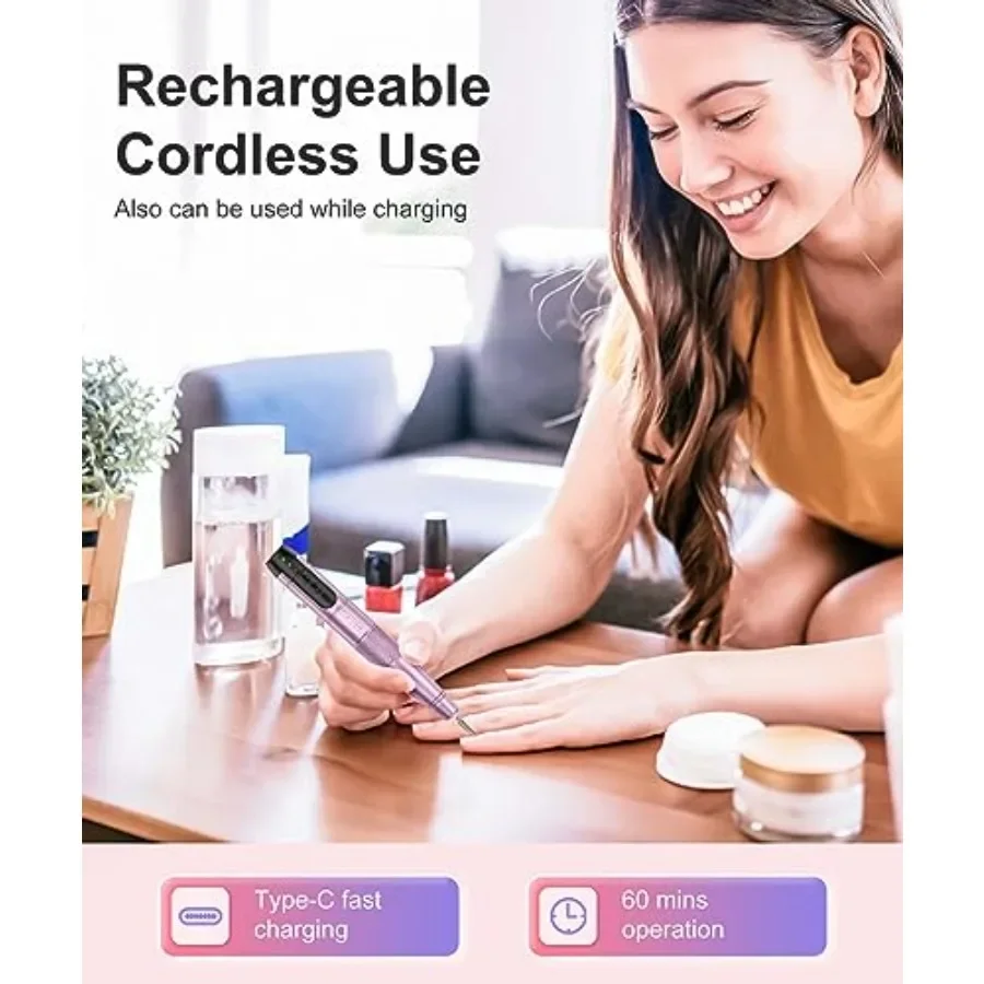 Broca elétrica sem fio para unhas em gel acrílico natural recarregável conjunto de manicure e pedicure com rotação de alta velocidade para