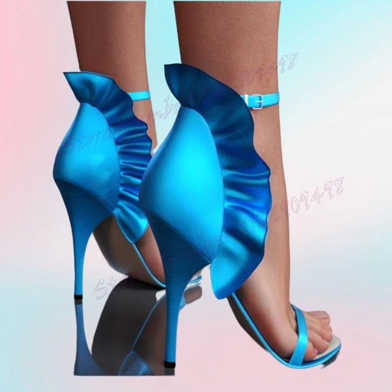 Blue Ruffles Ankle Strap Sandals Slip On Open Toe Shoes for Women Stiletto High Heels Sexy Lady Shoes 2024 Zapatos Para Mujere