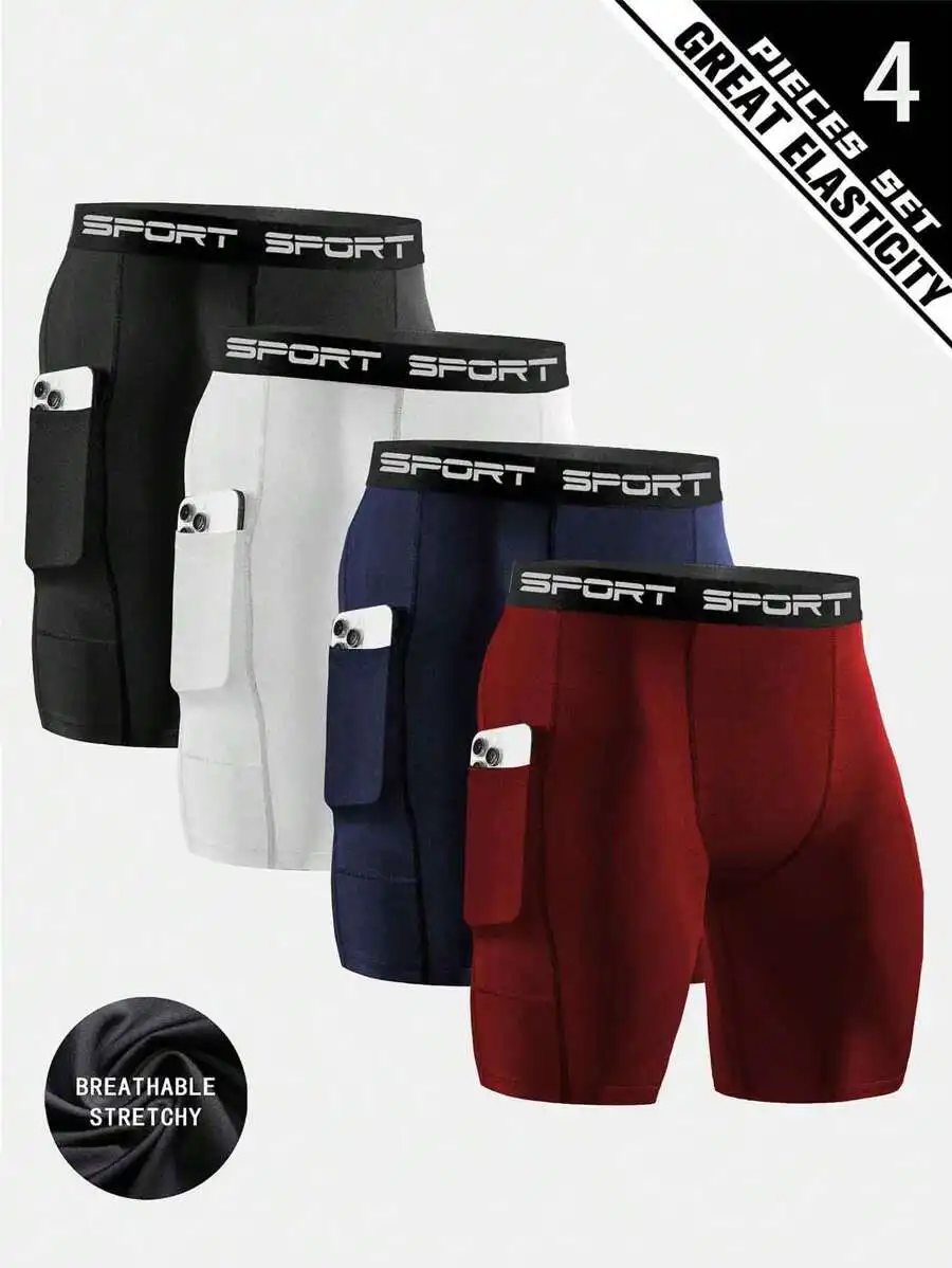 

4 Pcs Mens High Elastic Compression Shorts Quick Dry Polyester Running Fitness Shorts With Pockets Breathable