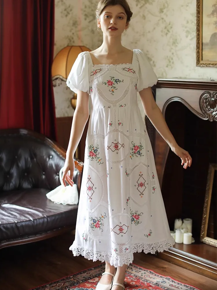 84-94cm Bust Summer White Dress For Women Antique Handmade Cross Hook Flower Embroidery Limited Edition Elegant Birthday Dress