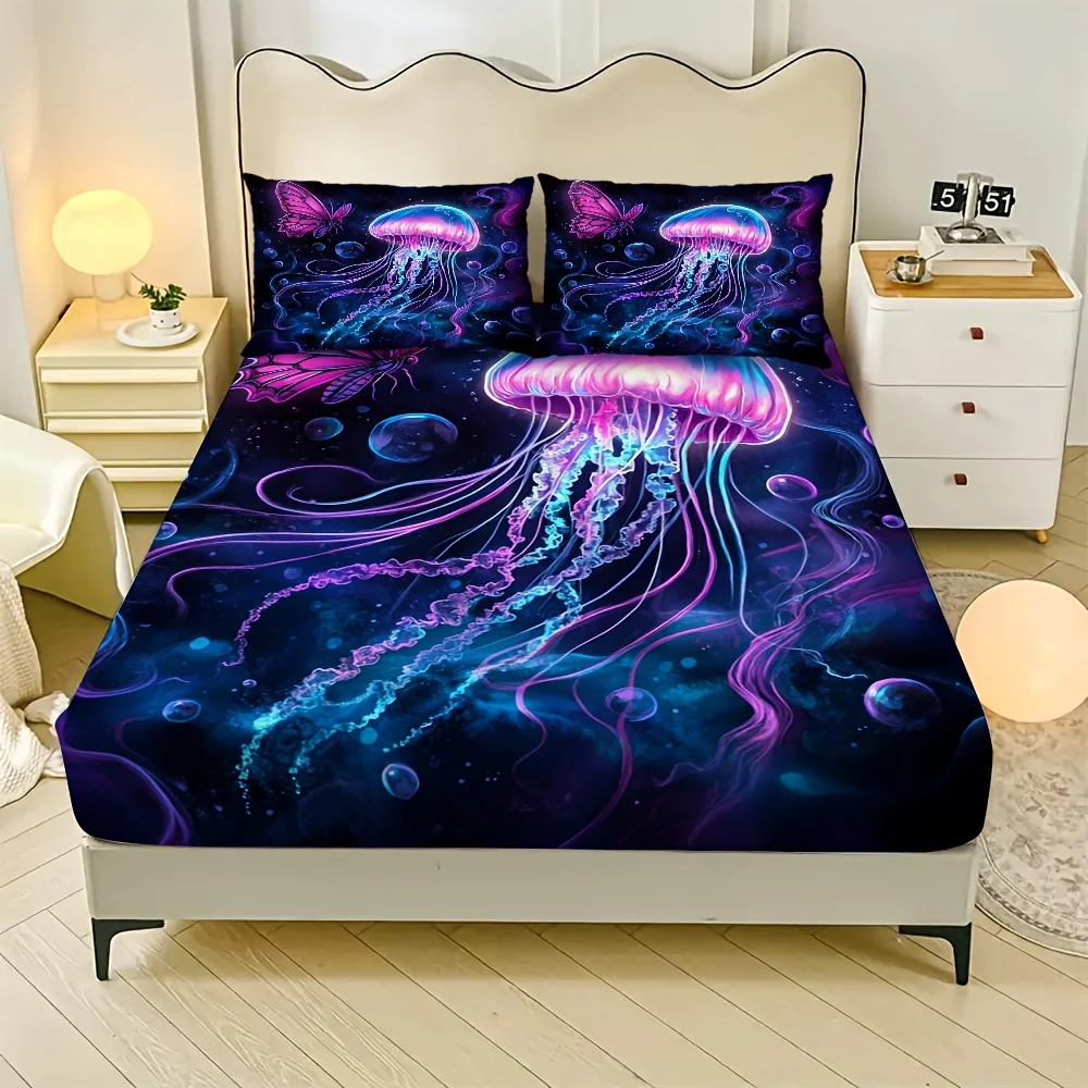 1pc Fitted Sheet Purple Jellyfish Cat 3D Printed 100% Polyester Cover Breathable Bedding Set Home Decor without Pillowcases