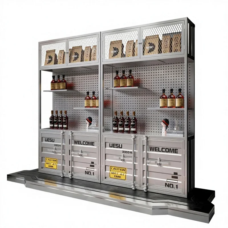 custom.Retro Industrial Style Rectangular Wall-Mounted Iron Art Shelf & Display Cabinet Multifunctional Wine & Product Storage R