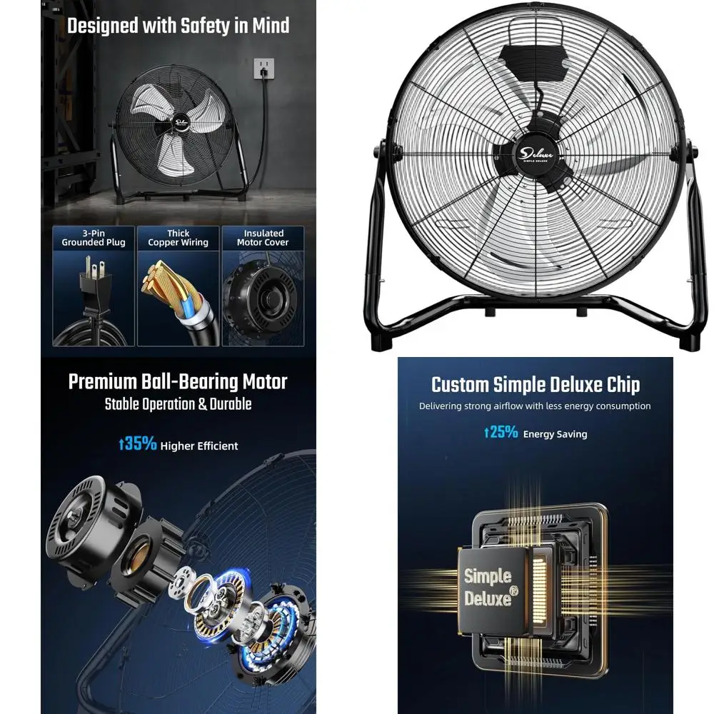 

12-дюймовый 3-скоростной металлический напольный вентилятор с регулируемым наклоном, ручкой для переноски и резиновыми ножками для дома, спальни и офиса