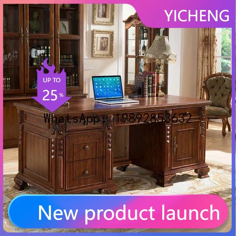 

LYY .American all-solid wood desk home European desk retro engraving